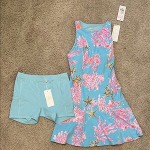 Lilly Pulitzer Blue & Pink Coral Active Mini Dress with shorts UPF 50+